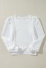 White Plain Checked Puff Sleeve Round Neck Pullover Sweatshirt