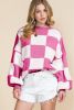 Rose Checkered Bishop Sleeve Pullover Sweater