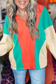 Grapefruit Orange Color Block Patchwork Collared V Neck Loose Top (size: (US 12-14)L)