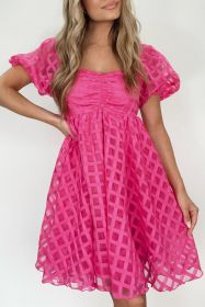 Strawberry Pink Checkered Puff Sleeve Babydoll Dress (size: (US 12-14)L)
