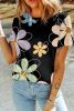 Black Summer Flower Print Round Neck T Shirt