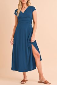 Peacock Blue Deep V Neck Ruched High Waist Midi Dress (size: (US 4-6)S)
