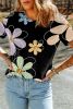 Black Summer Flower Print Round Neck T Shirt