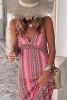 Red Halter Boho Print Side Slits Maxi Dress