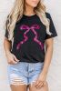 Black Sequin Bow Knot Graphic Roll Up Sleeve T Shirt