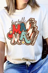 White MAMA Baseball Lightning Graphic Round Neck Tee (size: (US 4-6)S)