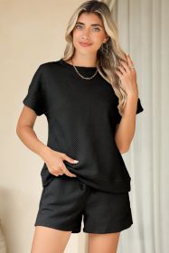 Black 2Pcs Solid Textured Drawstring Shorts Set (size: (US 4-6)S)