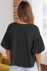 Black Solid Color Basic Bubble Sleeve Plain Blouse