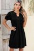 Black Notched Neck Puff Sleeve Pleated T Shirt Dress