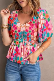 Pink Floral Print Puff Sleeve Blouse V Neck Smocked Peplum Top (size: (US 8-10)M)