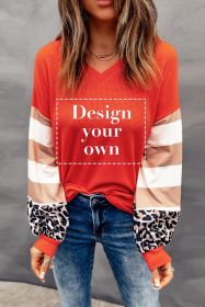 Blank Sweatshirt - Striped and Leopard Print Color Block V Neck Long Sleeve Top Customized (size: (US 12-14)L)