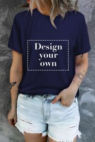 Blank T Shirt - Dark Blue Casual Solid Color Crew Neck Tee Customized (size: (US 12-14)L)