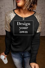 Blank Sweatshirt Black & Gold Raglan Sleeve Sequin Top Pullover Long Sleeve Shirt Customized (size: (US 12-14)L)