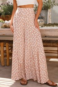 Khaki Boho Floral High Waist Wide Leg Flare Pants (size: (US 4-6)S)