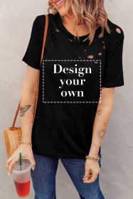 Blank T Shirt - Black Casual Holes Crew Neck Cotton Mixed T-shirt Customized (size: (US 12-14)L)