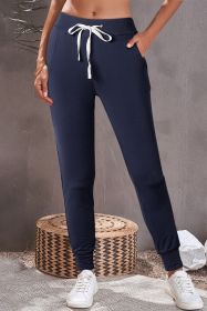Navy Blue Casual Drawstring Drop Waist Pocketed Joggers (size: (US 8-10)M)
