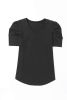 Black Puff Sleeve Casual V Neck T-Shirt