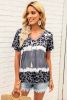 Gray Tie Dye Leopard Print V Neck T Shirt