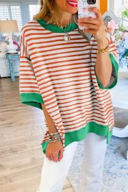 Orange Striped Contrast Trim Drop Sleeve Loose Top (size: (US 4-6)S)