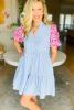 Sky Blue Stripe Floral Puff Sleeve Ruffle Tiered Dress