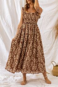Brown Floral Print Casual Ruffle Straps Smocked Midi Dress (size: (US 4-6)S)
