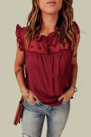 Burgundy Ruffle Trim Swiss Dot Button Closure Sleeveless Shirt (size: (US 8-10)M)