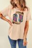 Khaki Sequined Boots Graphic Crew Neck Tee