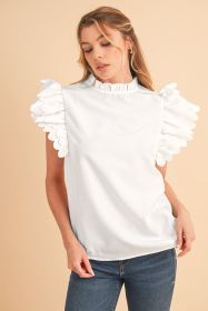 White Solid Color Scalloped Ruffle Sleeve Blouse (size: (US 8-10)M)