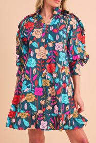 Green 60s Flower Print Ruffle Trim V Neck Mini Dress (size: (US 4-6)S)