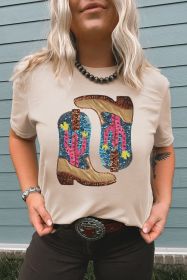 Khaki Sequined Boots Graphic Crew Neck Tee (size: (US 8-10)M)