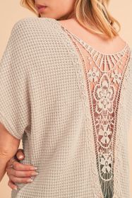 Oatmeal Guipure Lace Splicing Back Waffle Textured T-shirt (size: (US 8-10)M)