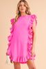 Bright Pink Ruffle Trim Short Sleeve Mini Dress