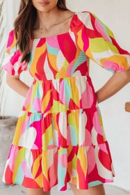 Multicolor Geometric Print Smocked Babydoll Short Dress (size: (US 4-6)S)