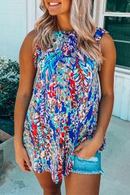 Dark Blue Abstract Print Babydoll Ruffle Sleeveless Shirt (size: (US 8-10)M)