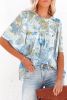 Light Blue Paisley Print Flounce Sleeves Loose Blouse