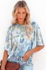Light Blue Paisley Print Flounce Sleeves Loose Blouse