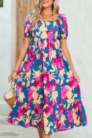 Dark Blue Square Neck Bubble Sleeve Ruffle Hem Floral Dress (size: (US 4-6)S)