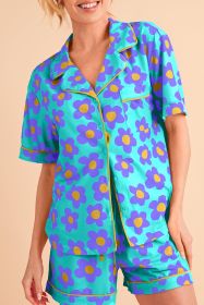 Green Flower Print Buttoned Shirt and Drawstring Waist Pajama Set (size: (US 8-10)M)