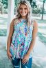 Light Blue Abstract Print Babydoll Boho Sleeveless Shirt with Ruffle