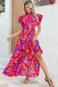 Orange Abstract Print High Waist Ruffle Tiered Maxi Dress (size: (US 4-6)S)