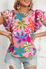 Multicolor Floral Print Boho Top Tiered Ruffle Sleeve Blouse