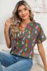 Blackish Green Cheetah Print Split V Neck Blouse