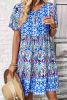Sky Blue Patchwork Tie Neck Flounce Sleeve Ruffle Hem Mini Dress