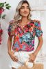 Multicolor Boho Tropical Floral V Neck Ruffle Blouse