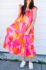 Multicolour Boho Geometric Ruffle Strap Tiered Midi Dress