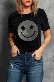 Black Sparkle Rhinestone Smiley Face Graphic T Shirt (size: (US 8-10)M)