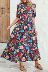 Green Floral Print Split V Neck Puff Sleeve Maxi Dress (size: (US 4-6)S)