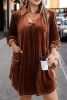 Coffee Plus Size V Neck Collared Pleated Back Rounded Hem Velvet Dress