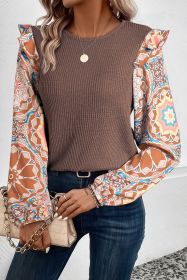 Coffee Ruffle Floral Sleeve Patchwork Waffle Top (size: (US 8-10)M)
