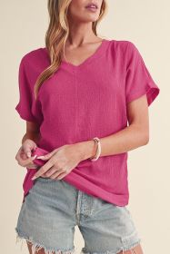 Bright Pink Basic Plain Textured V Neck T Shirt (size: (US24-26)3XL)